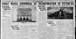 The Pittsburgh Post-Gazette announces Pittsburgh's 1916 Centennial and the construction of a new City Hall.