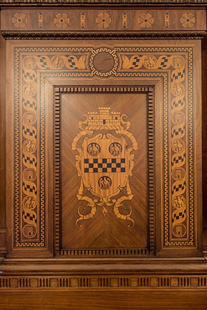 The inlaid walnut Pittsburgh Coat of Arms.