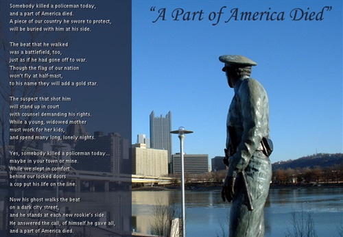 Police statue on North Sure. Poem on the left. Scroll up for the poem text.