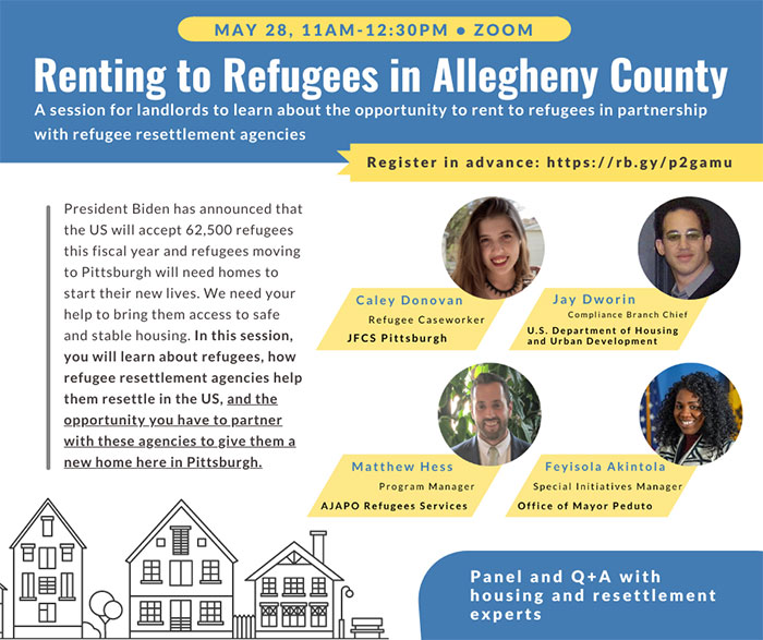 Renting to Refugees in Allegheny County flyer. Outdated information in this concerning a meeting session. Please scroll down for accessible session details.